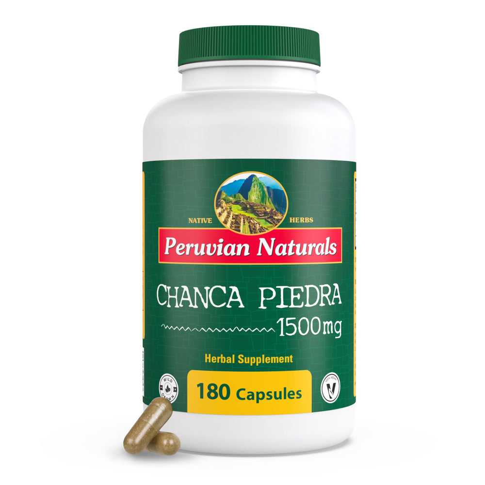 Peruvian Naturals Chanca Piedra capsules label close-up with ingredients