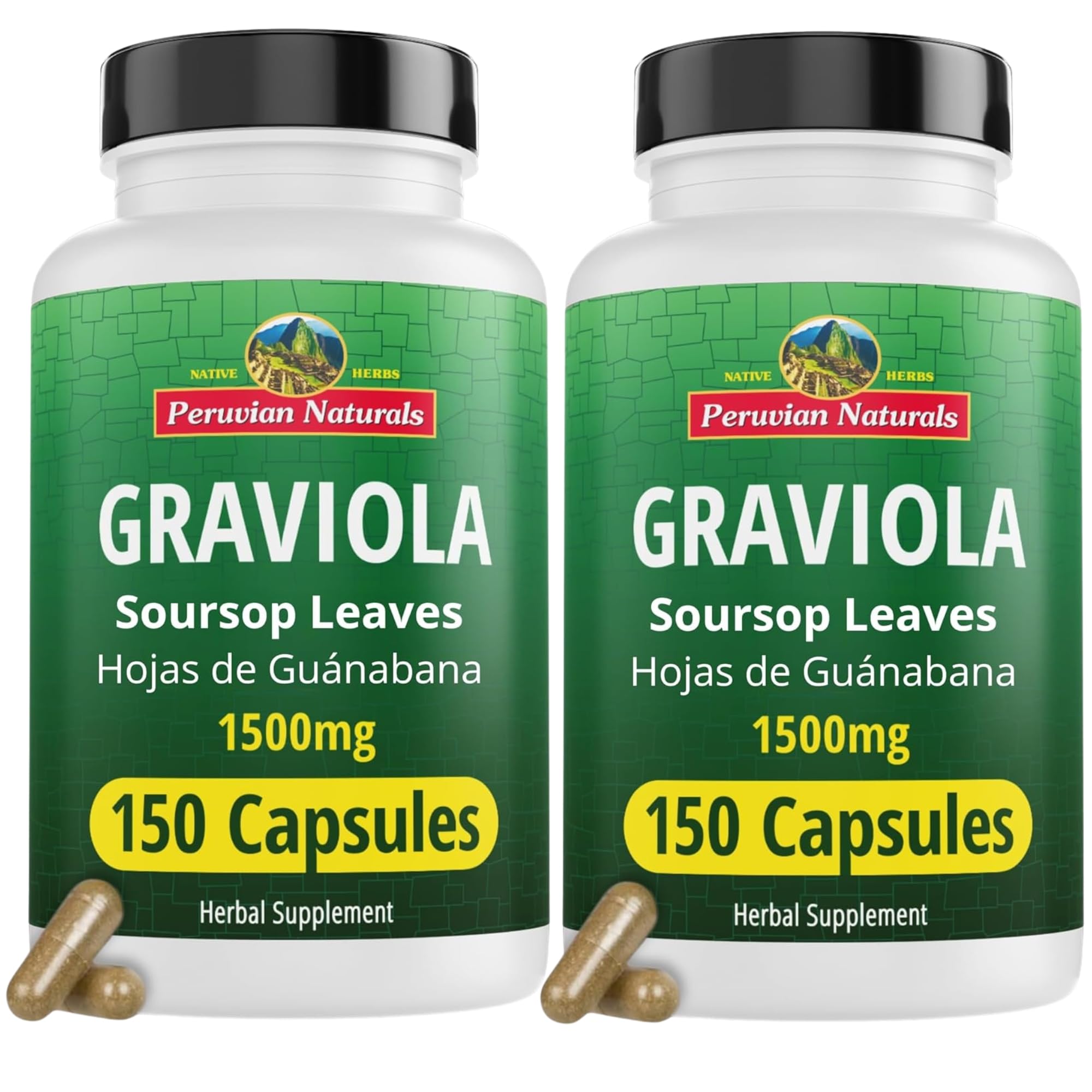 Peruvian Naturals Graviola capsules bottle, convenient daily herbal supplement.