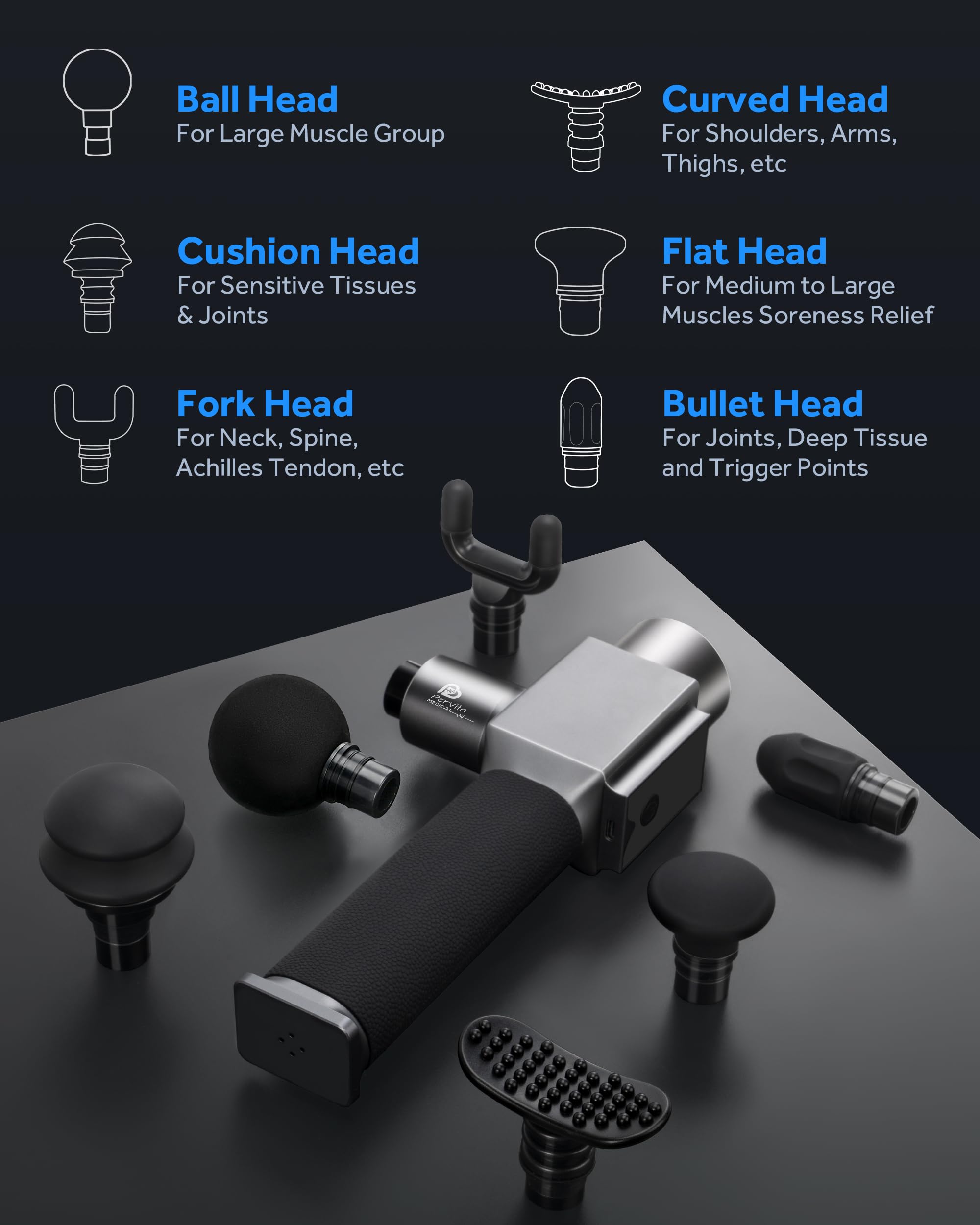 PerVita Medical massage gun with high-speed motor enables fast muscle recovery after workouts.