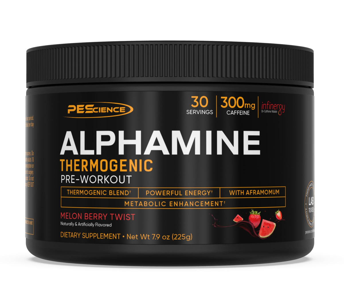 PEScience Alphamine bottle front in Melon Berry Twist for energized workouts.