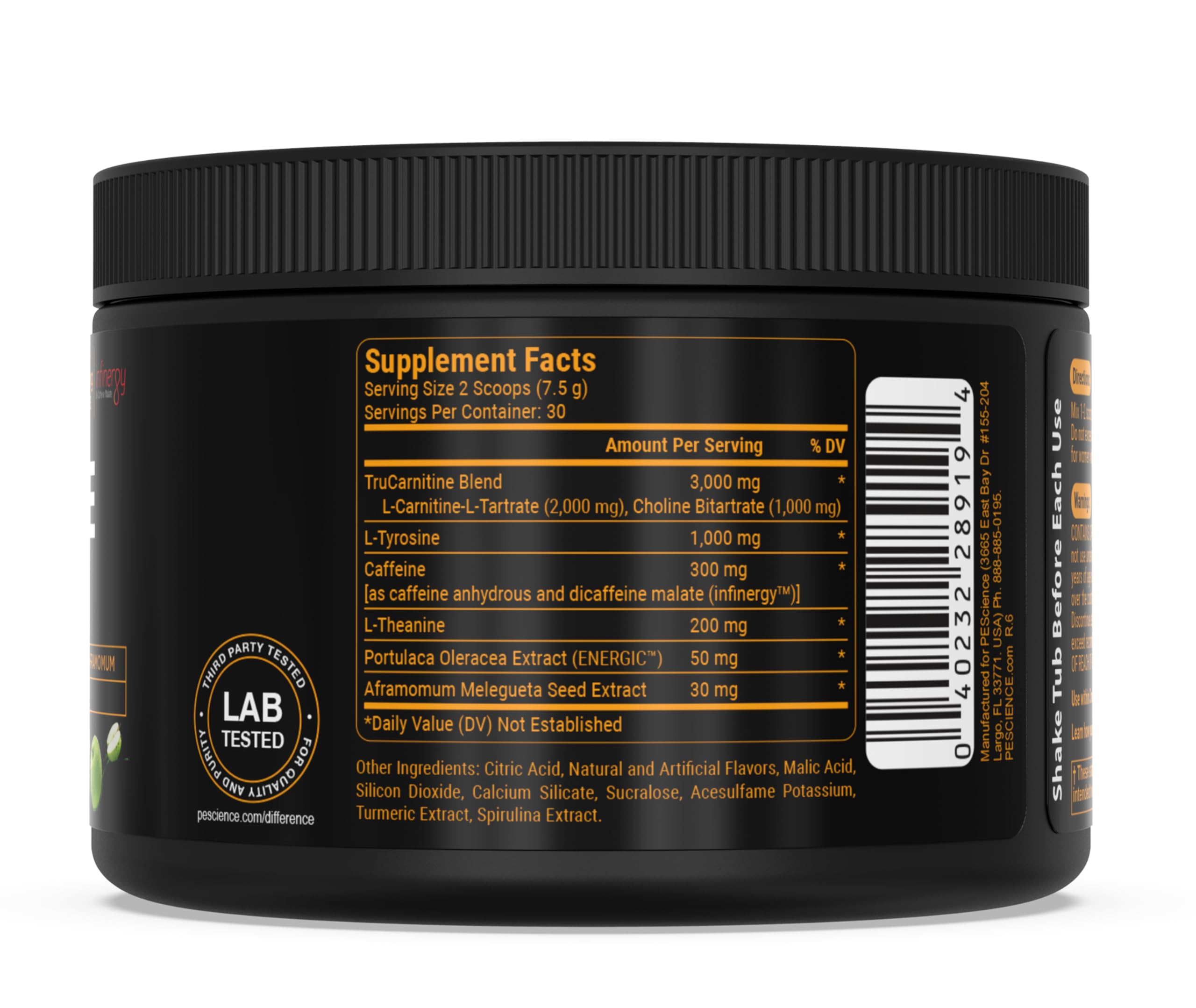 PEScience Alphamine bottle close-up emphasizing no beta-alanine or creatine for clean energy.