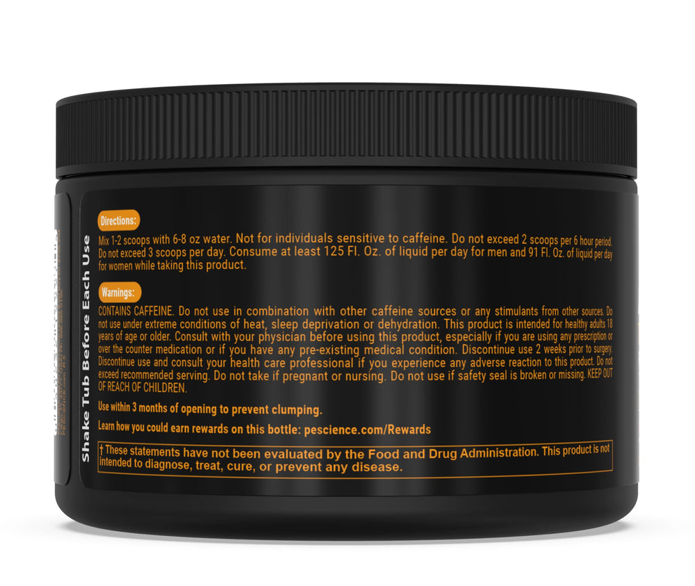 PEScience Alphamine packaging and 60-scoop bottle signaling long-lasting supply.