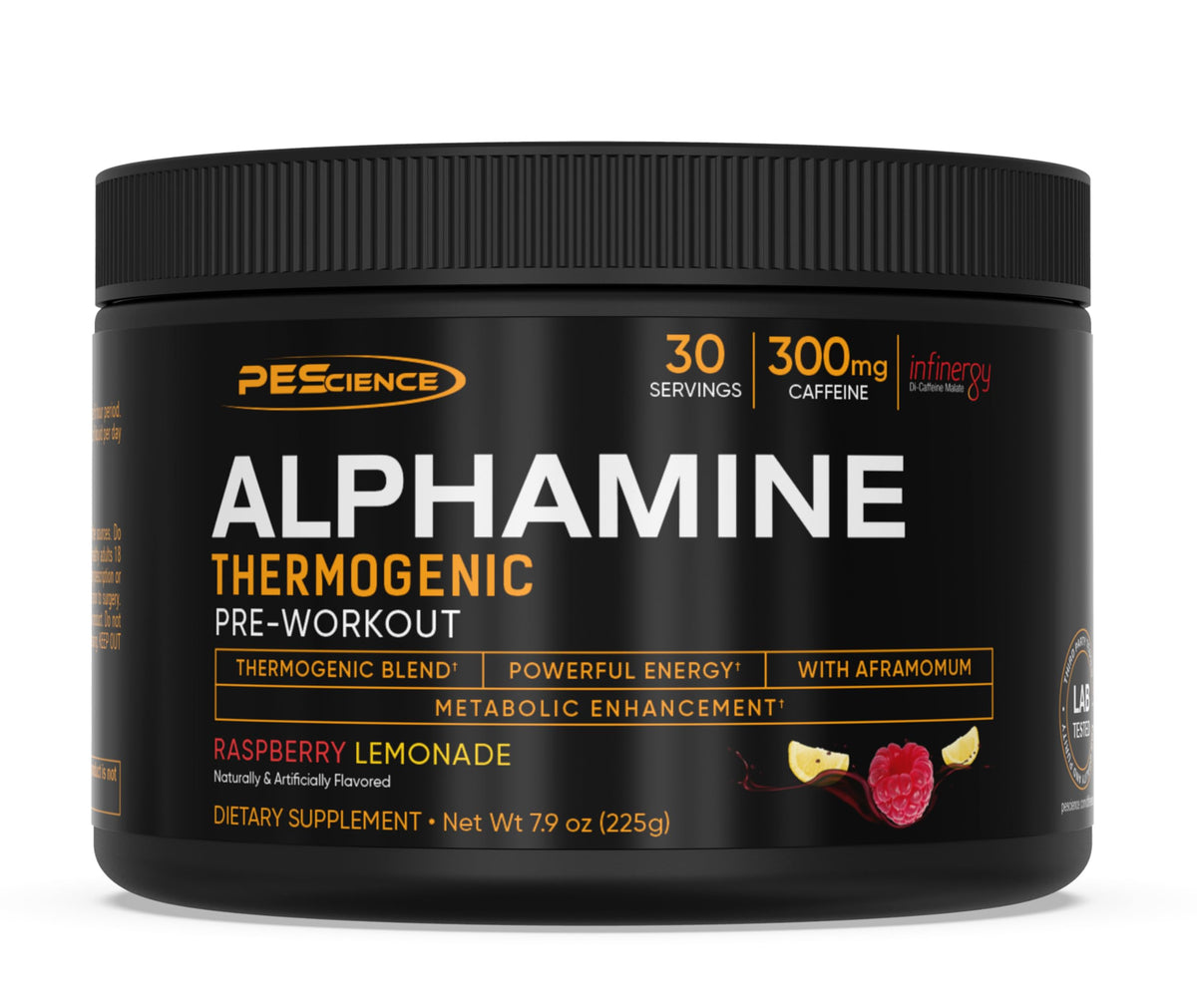 PEScience Alphamine bottle front in Raspberry Lemonade, ready for a clean energy pre-workout.