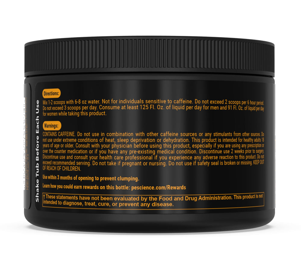 PEScience Alphamine ingredients panel with L-Carnitine and L-Tyrosine for clarity and metabolism support.