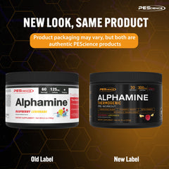 PEScience Alphamine packaging on shelf highlighting 60 scoops per bottle.