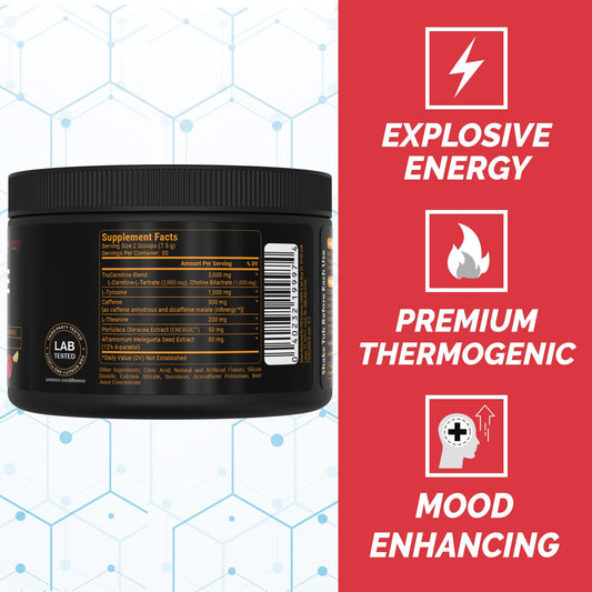 PEScience Alphamine scoop resting on a counter for precise pre-workout dosing.