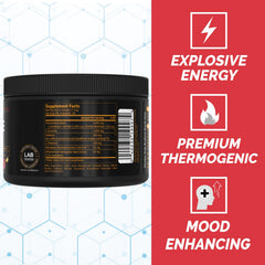 PEScience Alphamine scoop resting on a counter for precise pre-workout dosing.