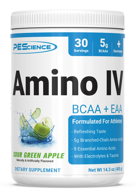 PEScience Amino IV bottle showing the all-in-one recovery and hydration option.