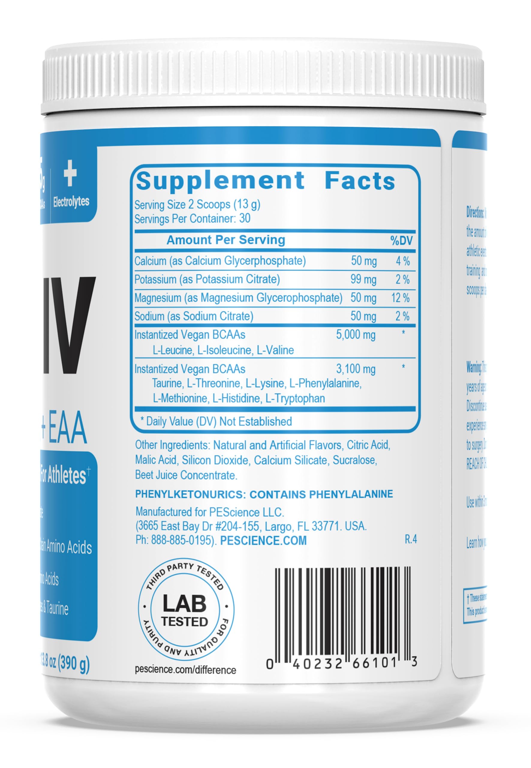 PEScience Amino IV COA document confirming third-party testing.