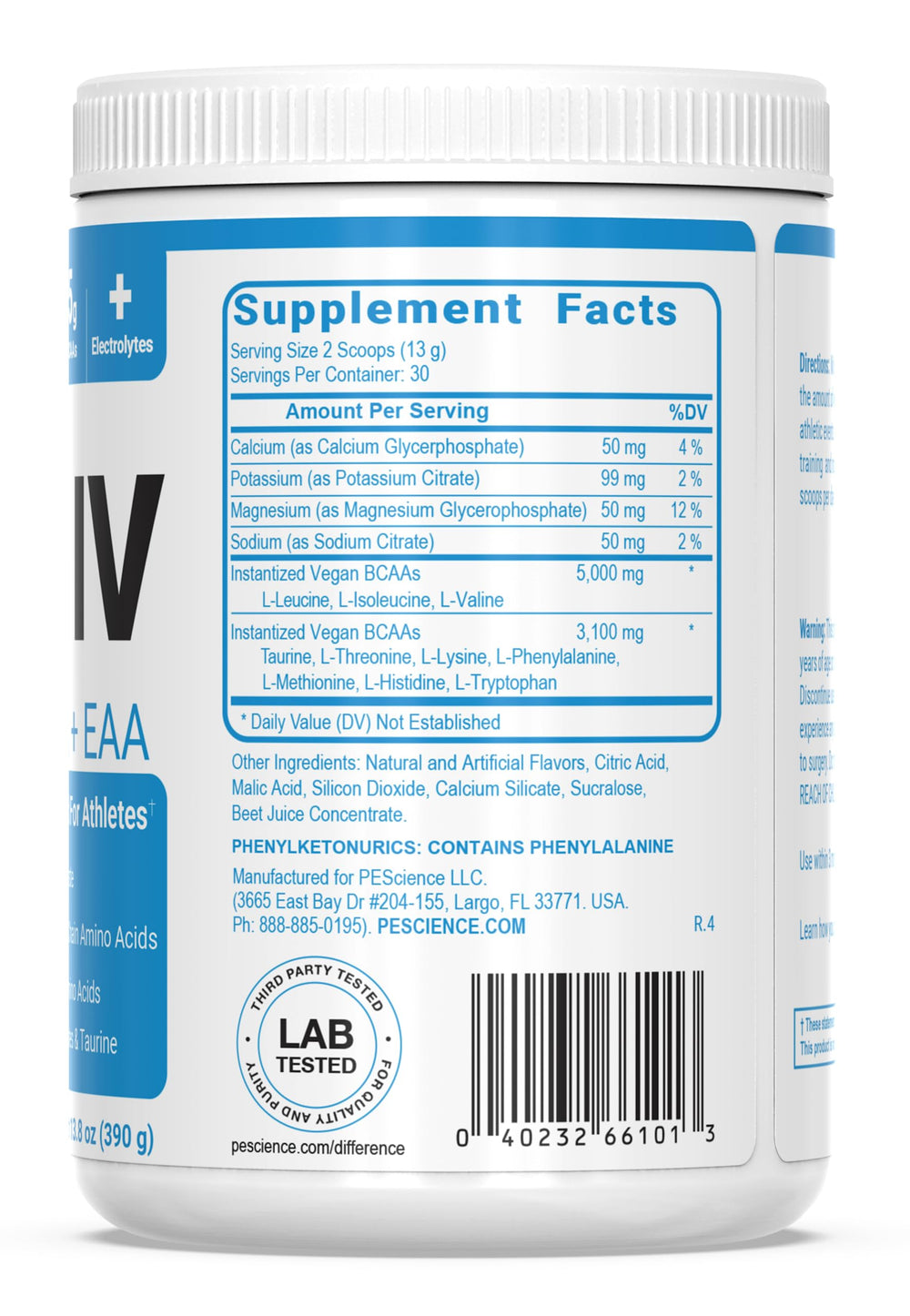 PEScience Amino IV COA document confirming third-party testing.