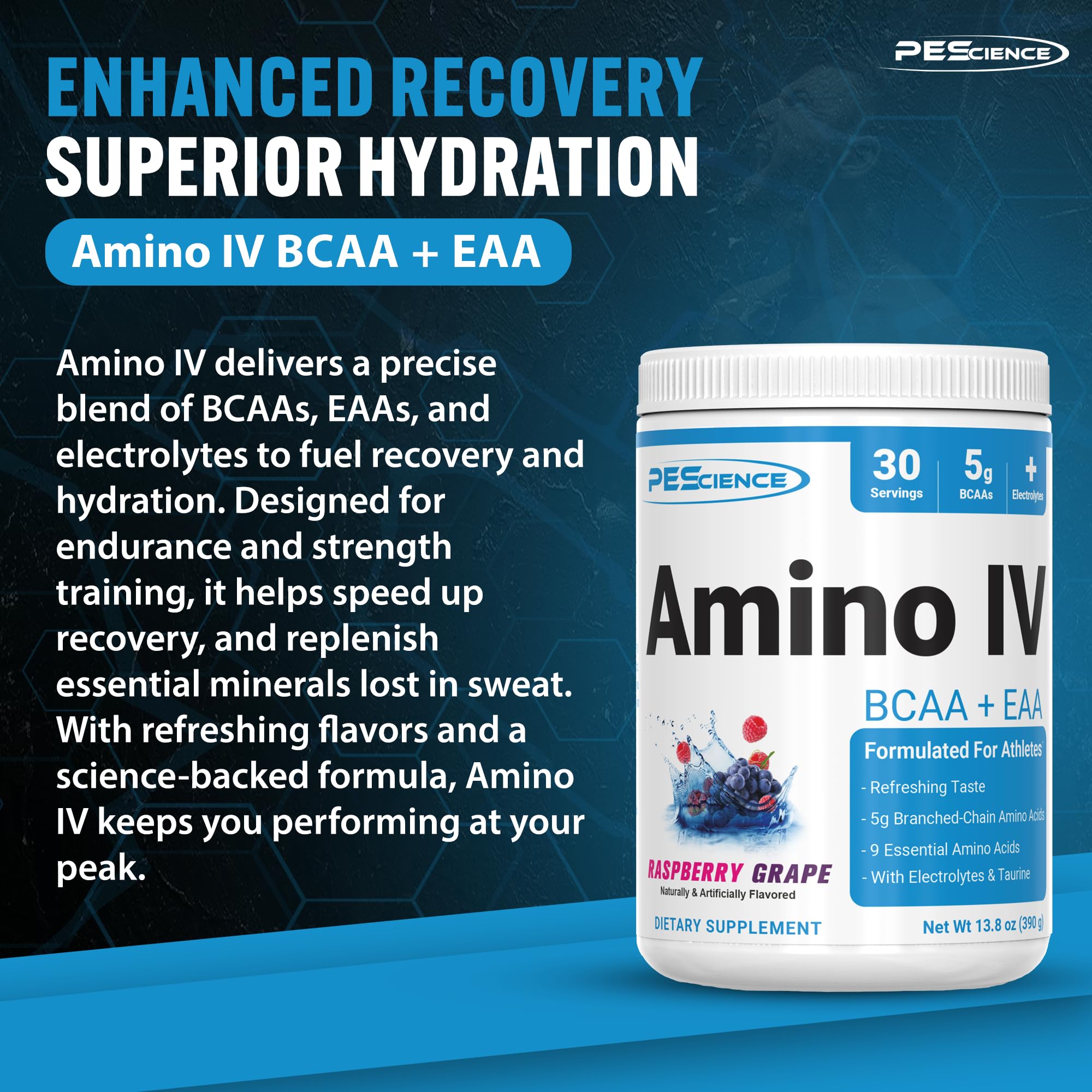 PEScience Amino IV pouring into glass for crisp, sugar-free hydration.