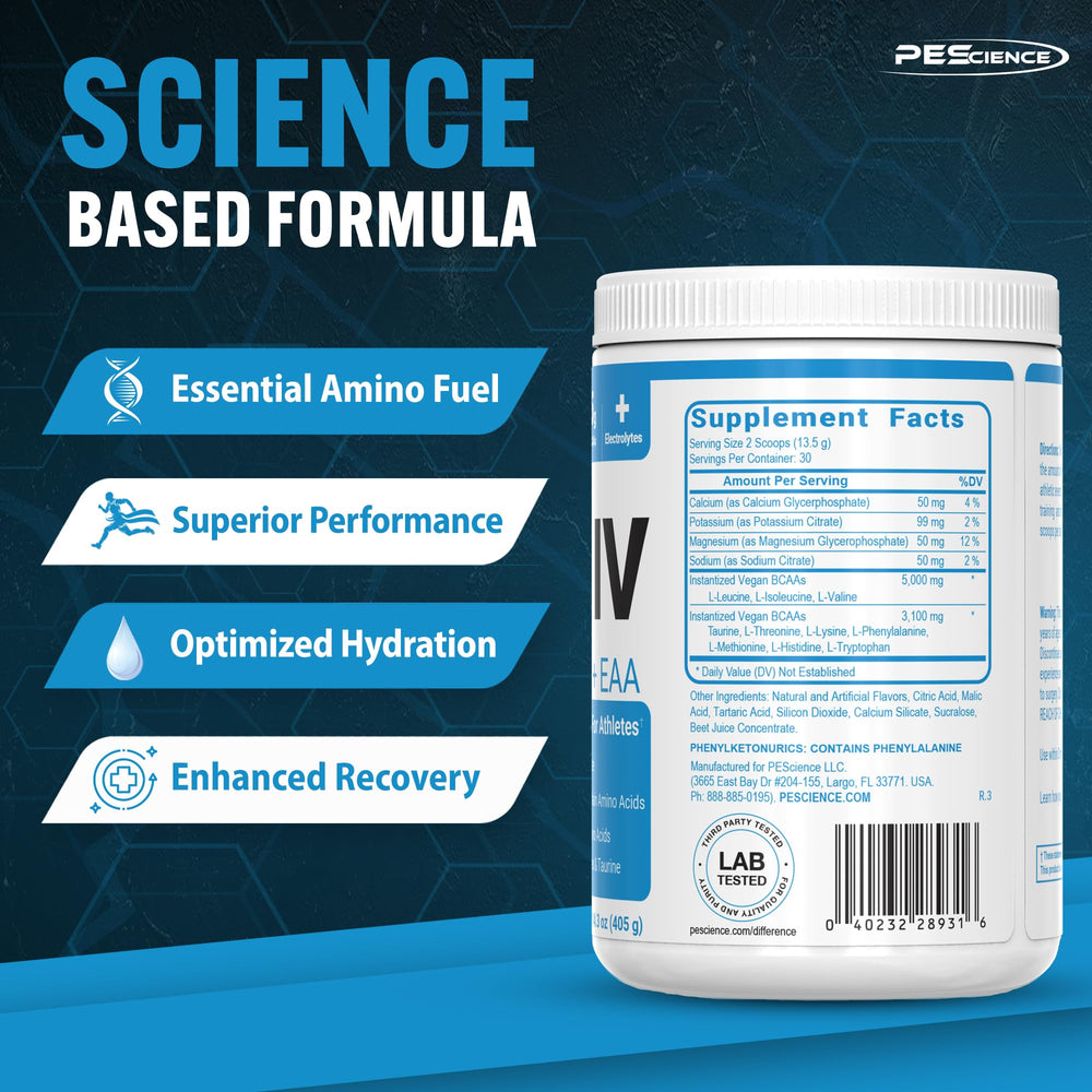 PEScience Amino IV scoop beside bottle ready to measure dosage