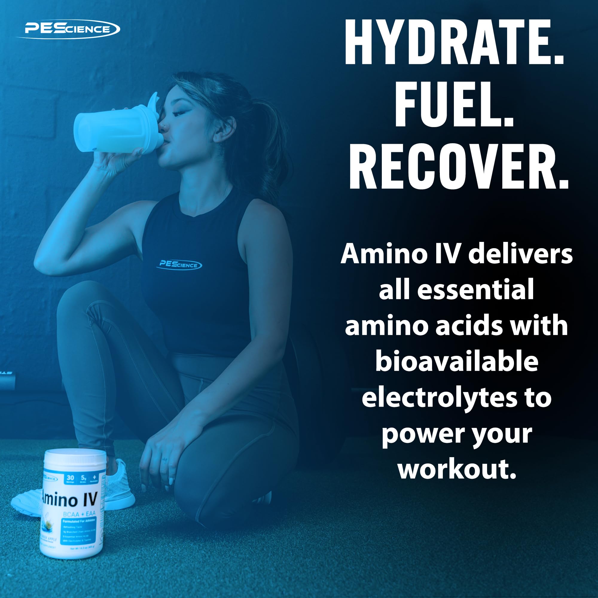 PEScience Amino IV scoop in container highlighting fast-absorbing BCAA blend.