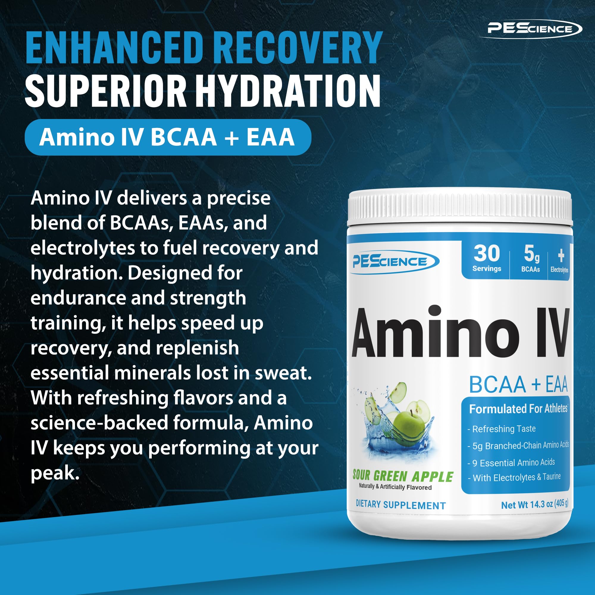 PEScience Amino IV scoop illustrates easy dosing for post-workout refreshment.