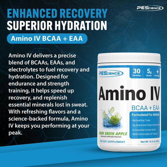PEScience Amino IV scoop illustrates easy dosing for post-workout refreshment.