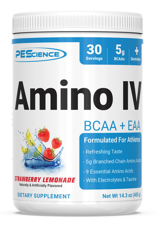 PEScience Amino IV strawberry lemonade tub ready for post-workout hydration.