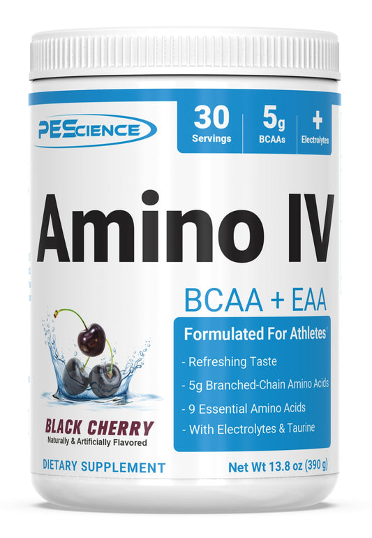PEScience Amino IV tub front with Black Cherry flavor for post-workout support