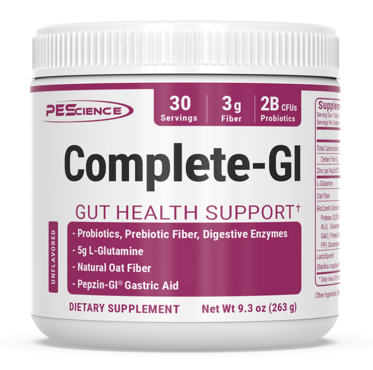 PEScience Complete-GI bottle closeup showing label and powder for gut support