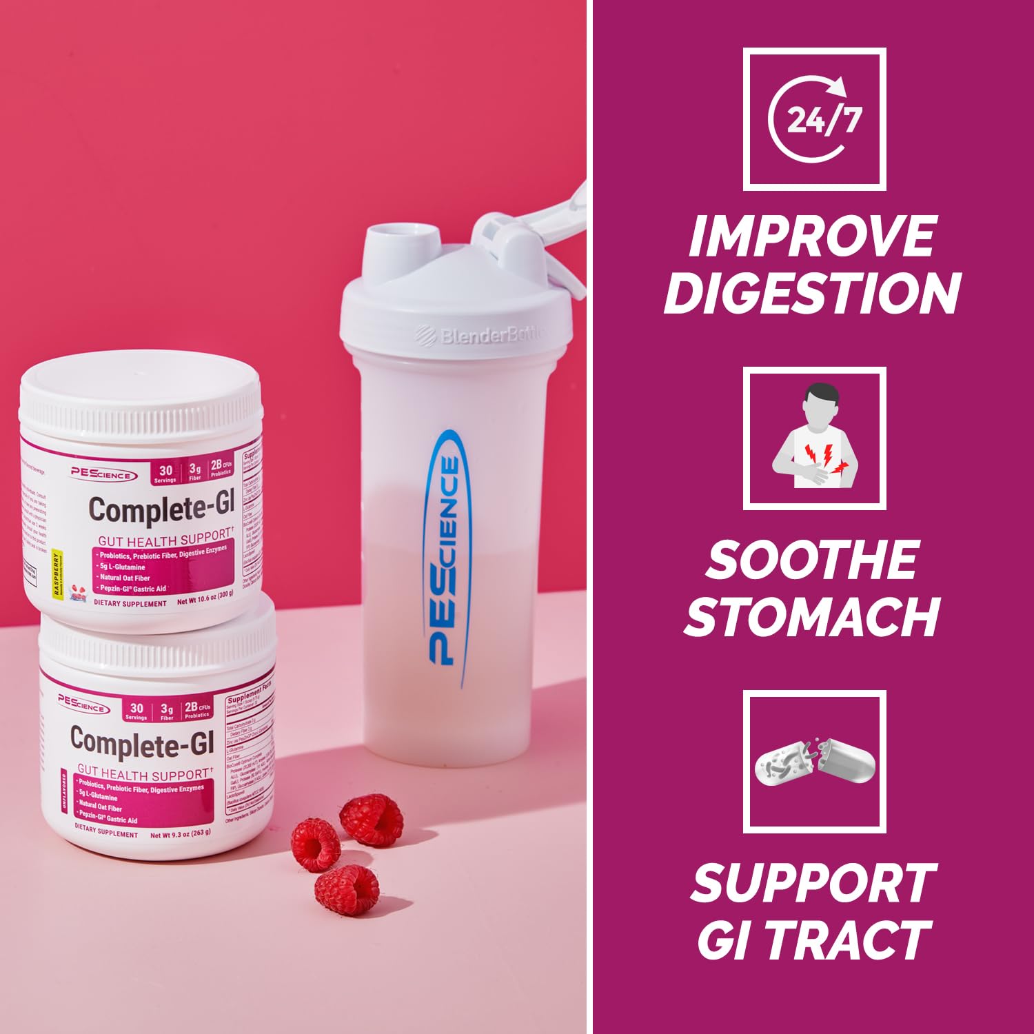 PEScience Complete-GI ingredients panel closeup highlighting probiotics and enzymes
