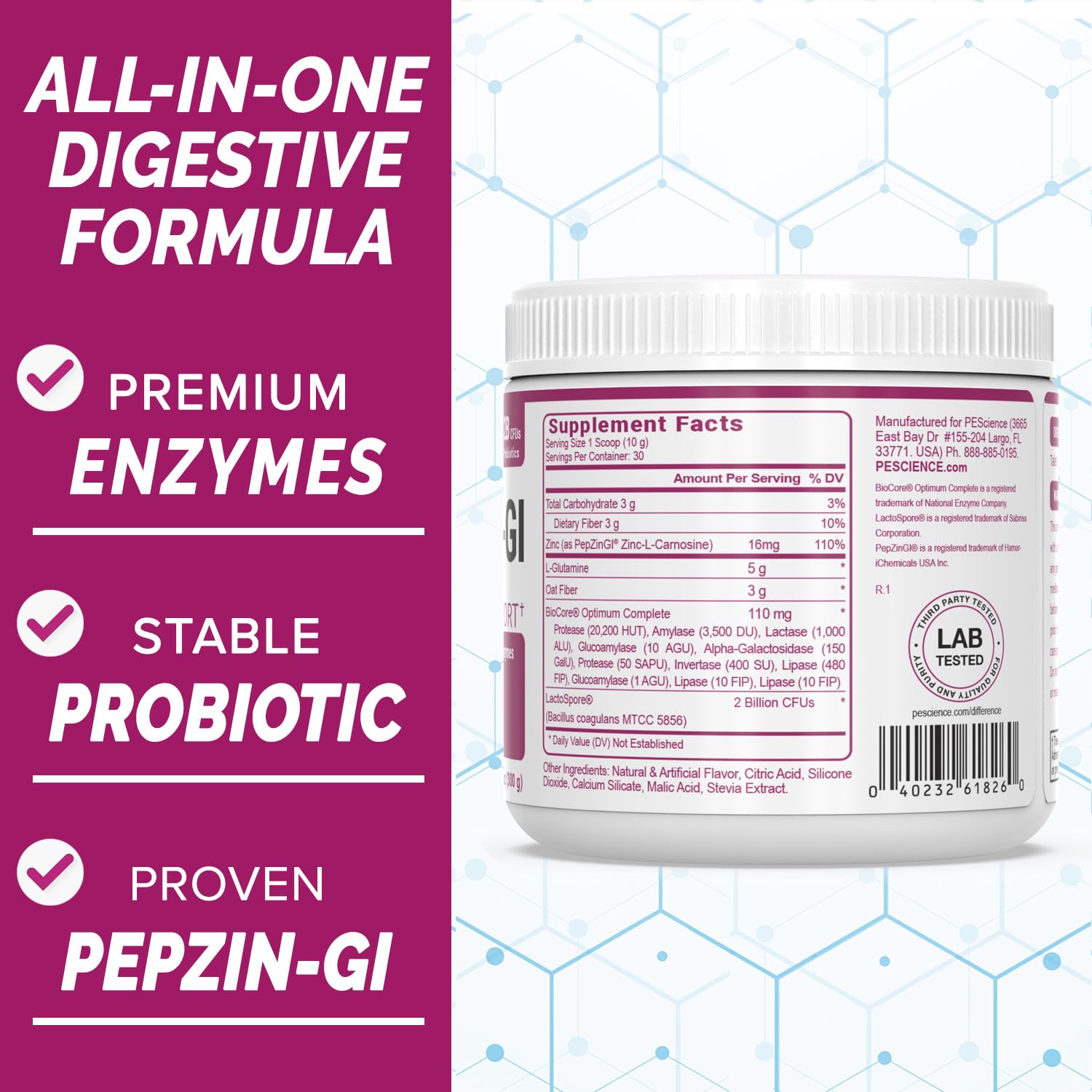 PEScience Complete-GI bottle with Lactospore probiotic, shelf-stable and ready