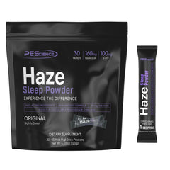 PEScience Haze sleep powder bottle pour for a relaxing nightly routine.
