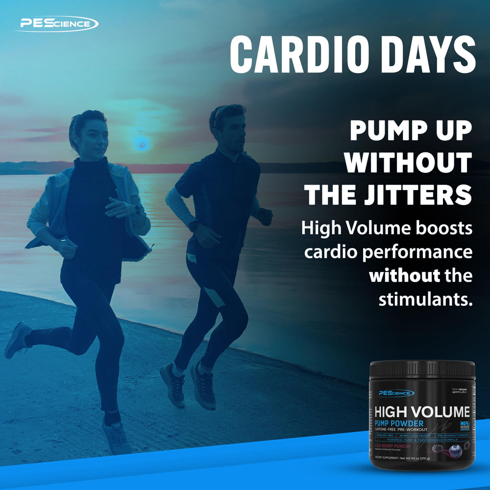 PEScience High Volume glass with powder conveys hydration-friendly pre-workout benefits.