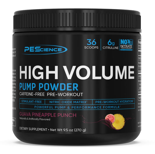 PEScience High Volume pump powder jar front boosts endurance during workouts.