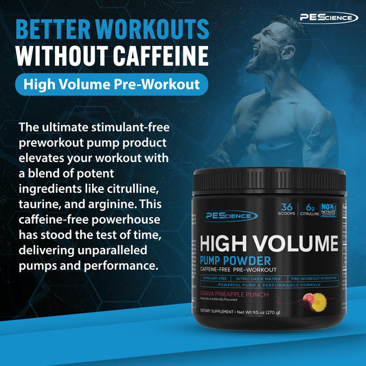 PEScience High Volume scoop beside bottle highlights rapid pre-workout mixing.