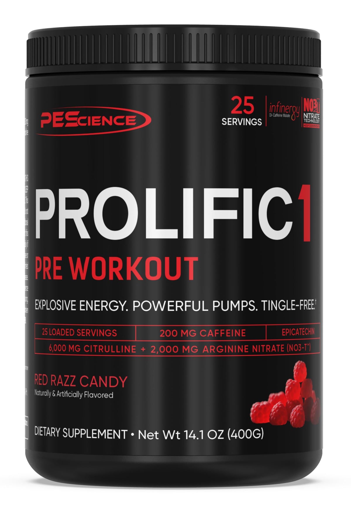 PEScience Prolific-1 front label in Red Razz Candy flavor for bold pre-workout energy