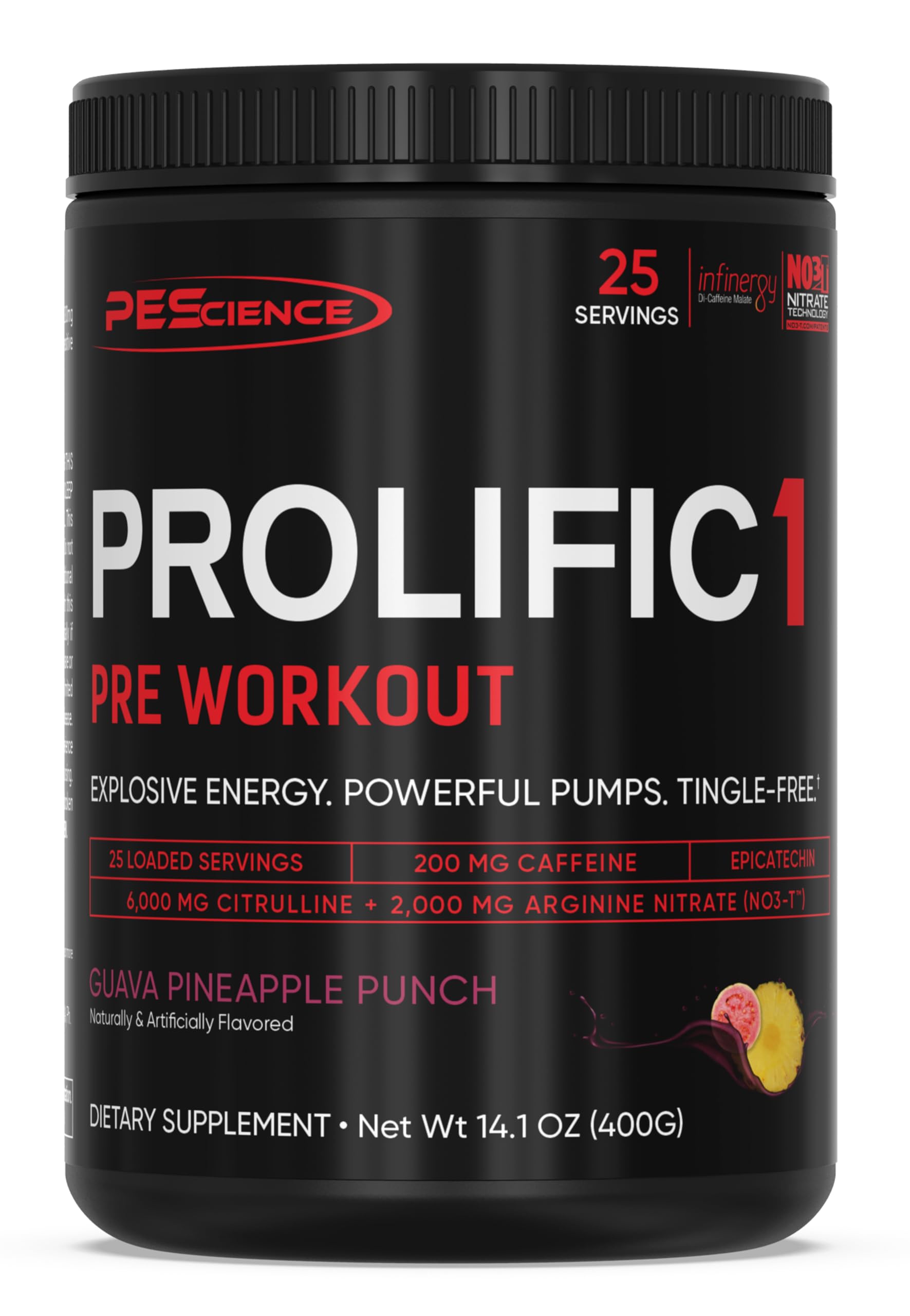 PEScience Prolific-1 jar label showing guava pineapple punch flavor for clean energy