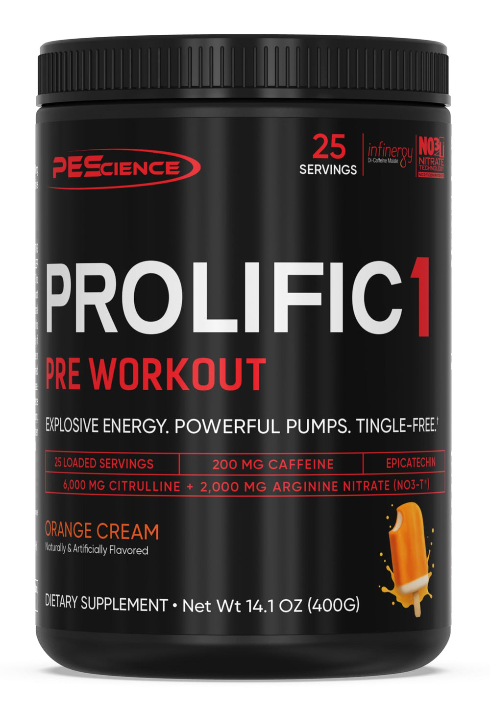 PEScience Prolific-1 Orange Cream bottle showcases flavor and energy focus.