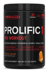 PEScience Prolific-1 Orange Cream bottle showcases flavor and energy focus.