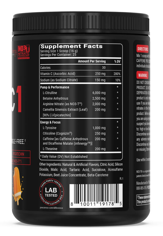 Prolific-1 scoop close-up highlighting 200mg caffeine for steady energy.
