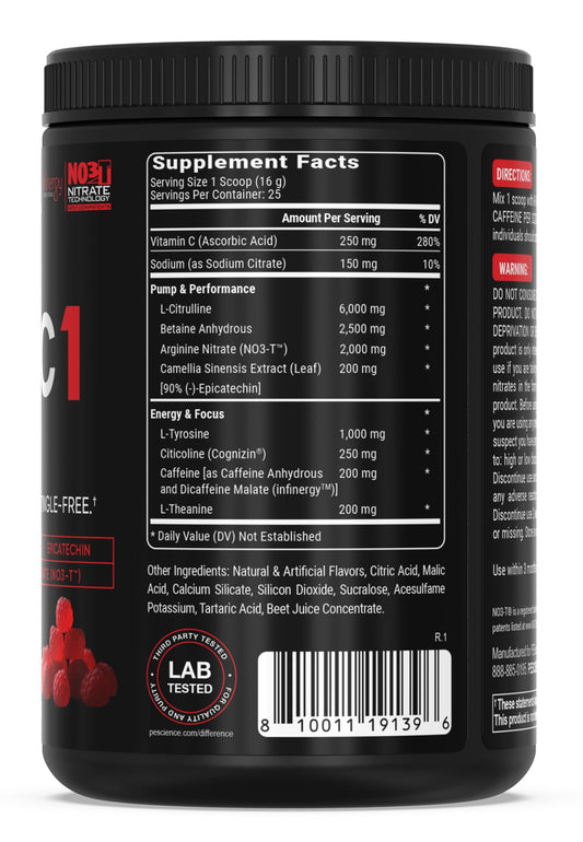 PEScience Prolific-1 tub and graphic illustration showing 25 servings