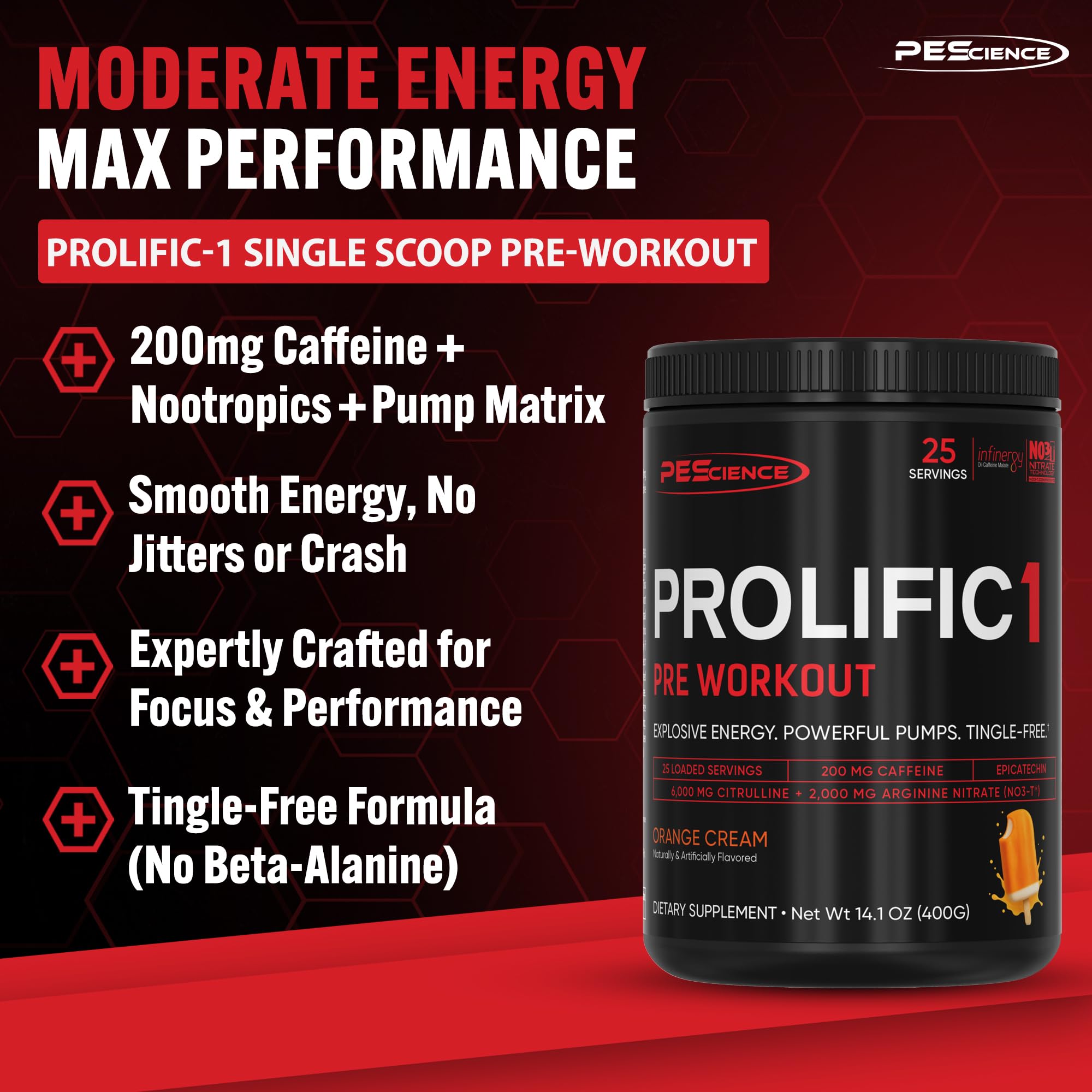PEScience Prolific-1 Orange Cream tub emphasizes clean formula without beta alanine.