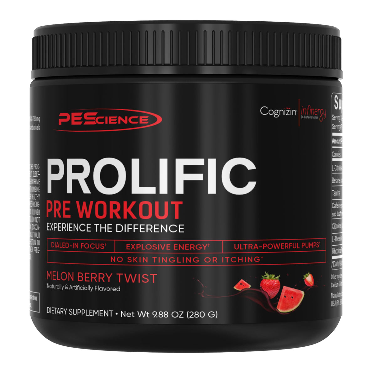 PEScience Prolific bottle front showcases branding and energy-ready pre-workout energy.