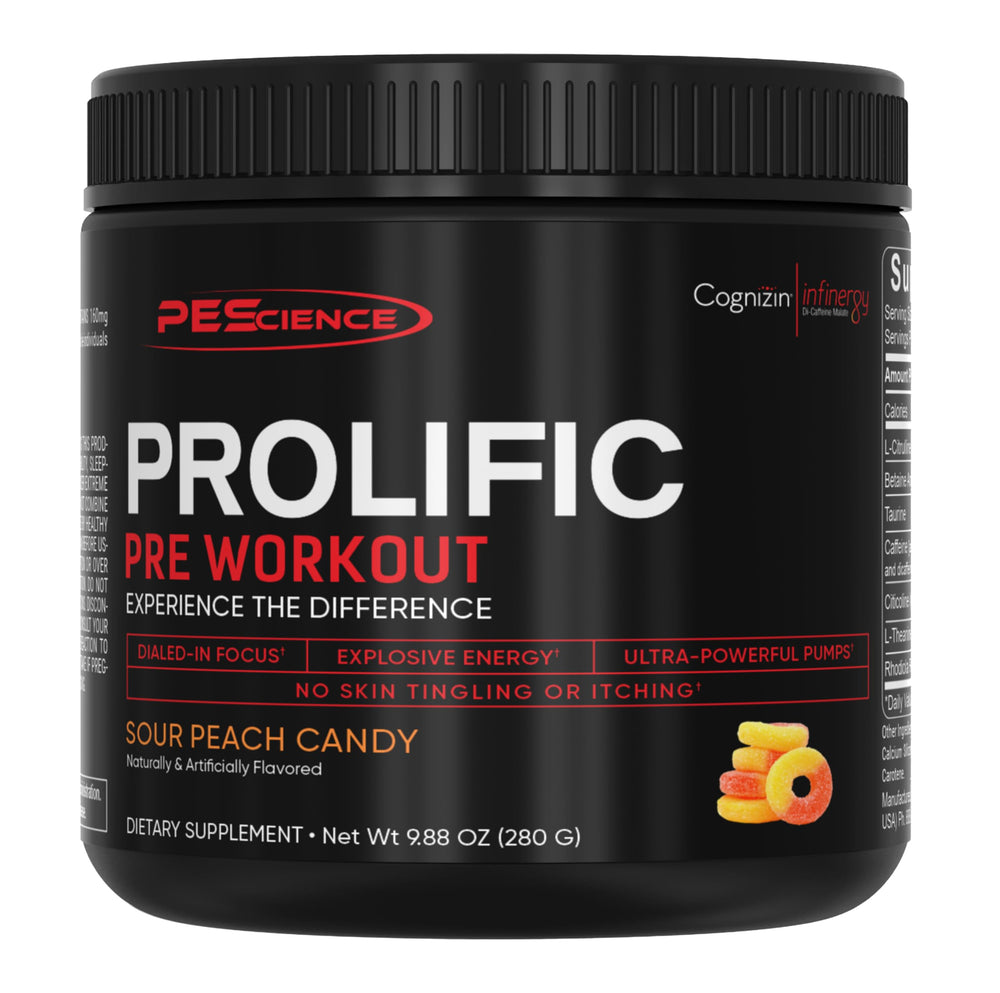 PEScience Prolific Sour Peach Candy bottle ready for clean energy.