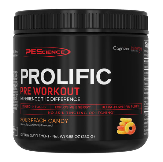 PEScience Prolific Sour Peach Candy bottle ready for clean energy.
