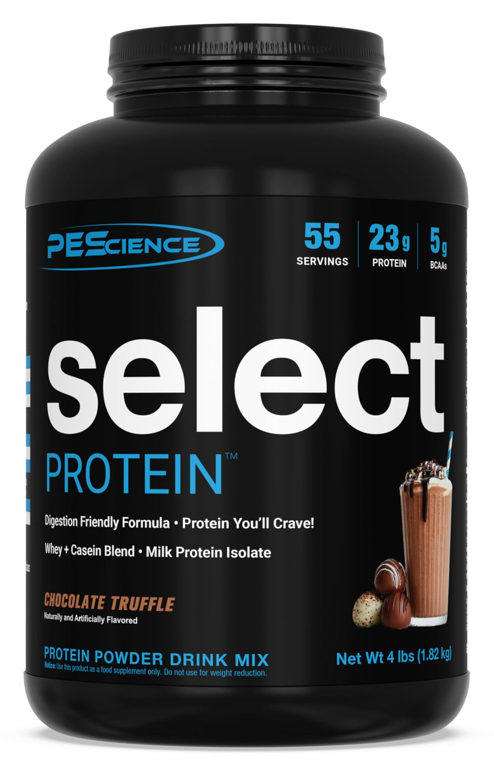 PEScience Select Chocolate Truffle canister highlighting premium whey and casein blend.