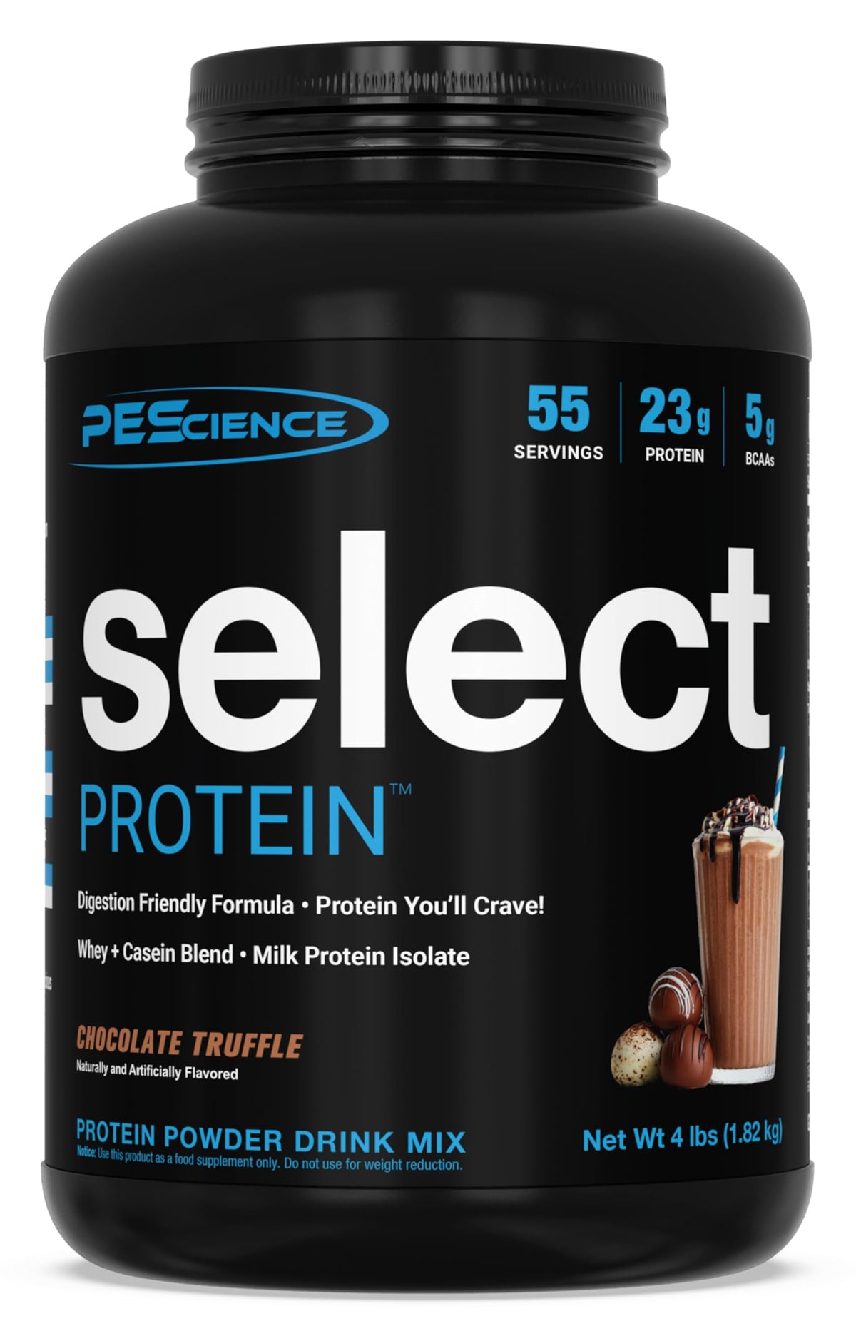 PEScience Select Chocolate Truffle canister highlighting premium whey and casein blend.