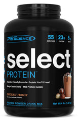 PEScience Select Chocolate Truffle canister highlighting premium whey and casein blend.