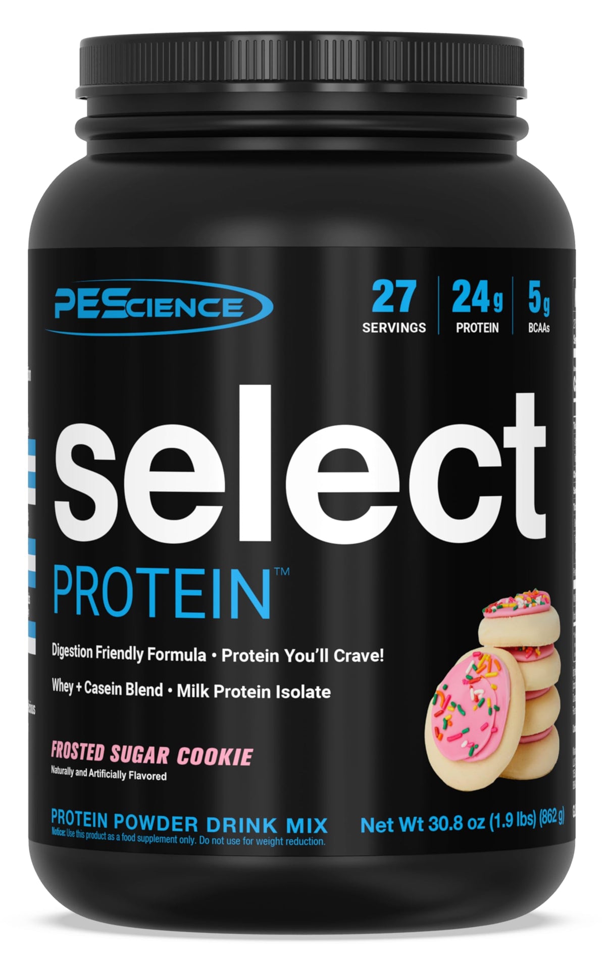 PEScience Select protein bottle highlighting clean formula for daily shakes