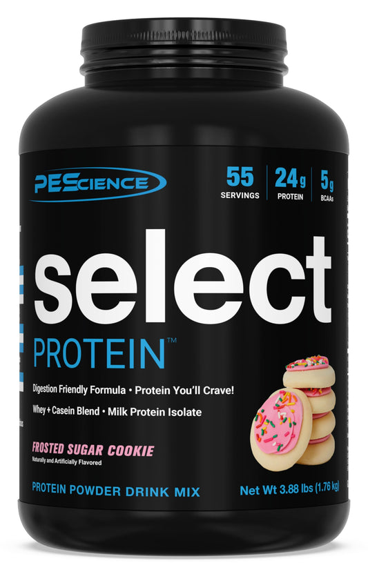 PEScience Select Frosted Sugar Cookie jar showing flavor and protein content