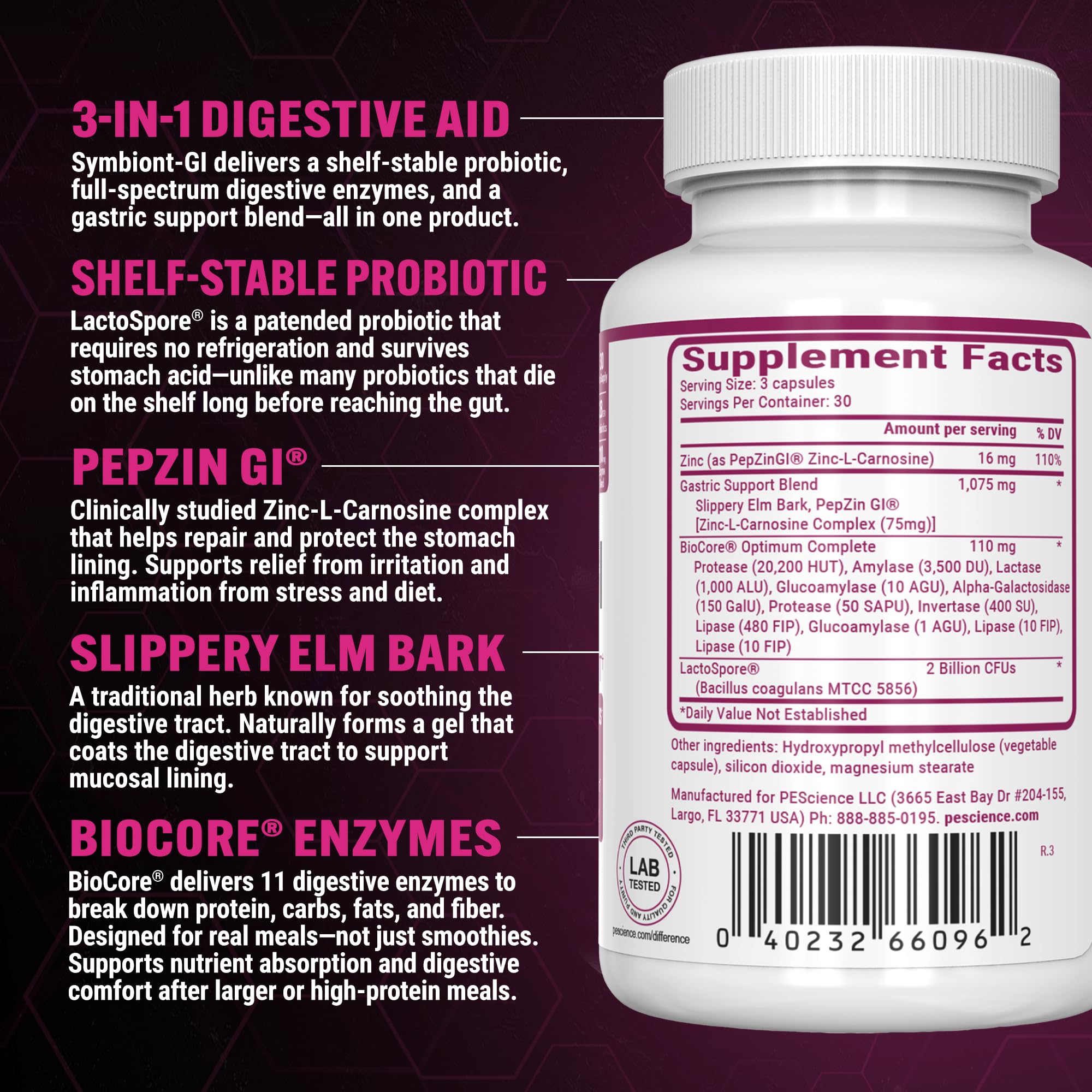 PEScience Symbiont-GI capsules close-up for easy daily digestive support