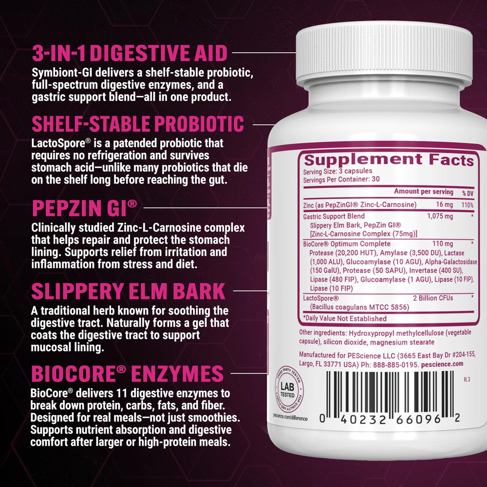 PEScience Symbiont-GI capsules close-up for easy daily digestive support