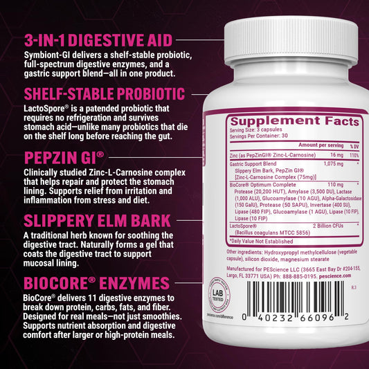 PEScience Symbiont-GI capsules close-up for easy daily digestive support