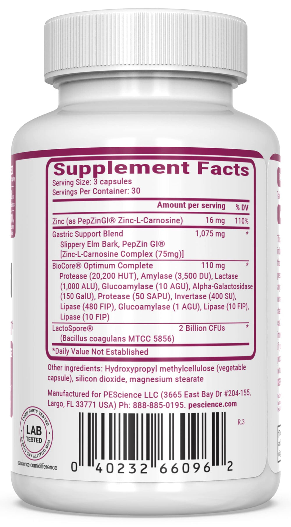 PEScience Symbiont-GI ingredient list including slippery elm bark and Biocore blend