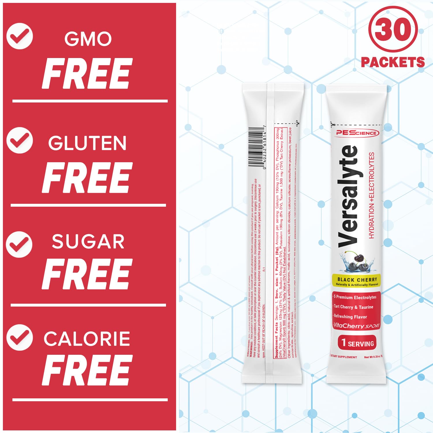 PEScience Versalyte label highlighting electrolytes and zero sugar.