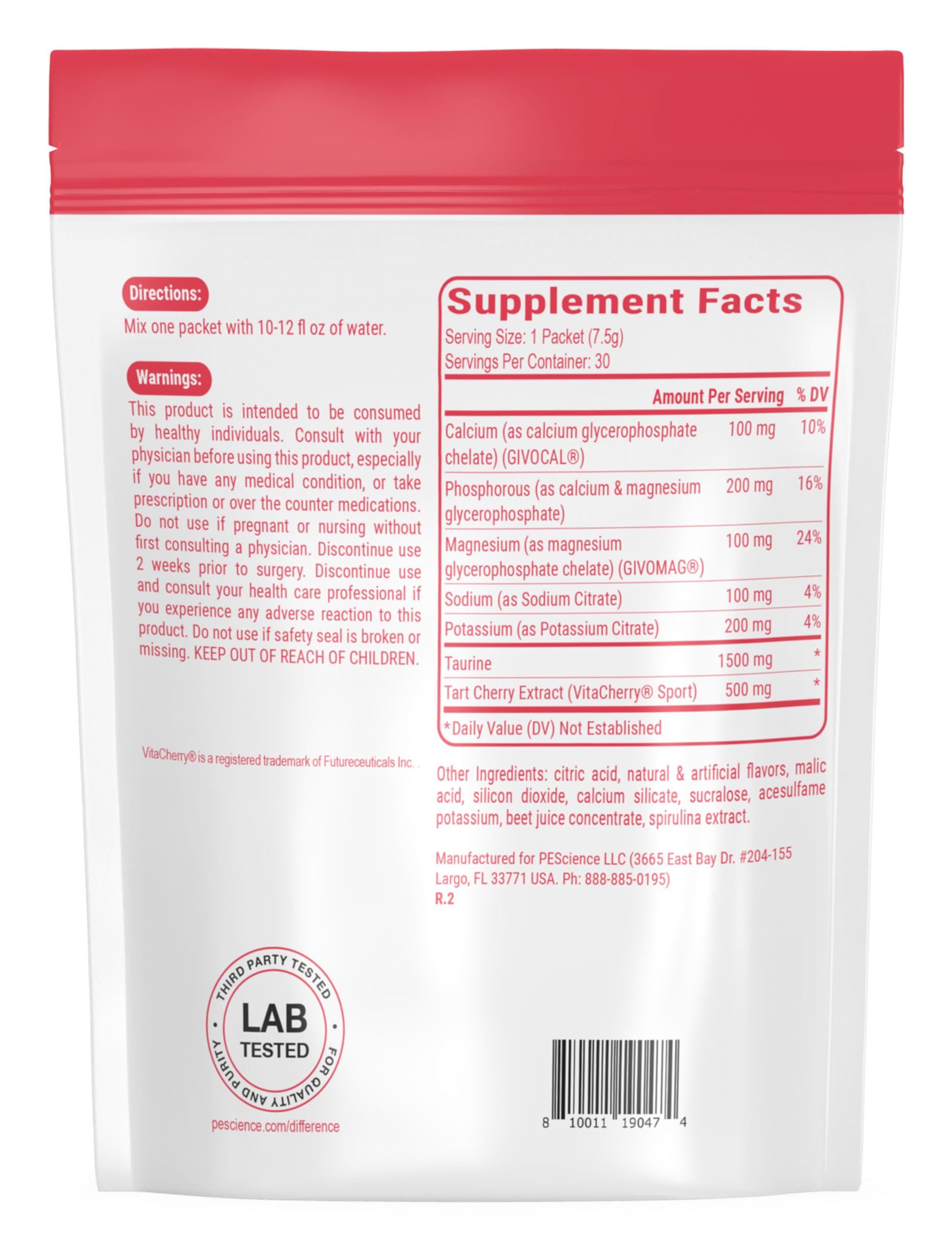 PEScience Versalyte ingredients include tart cherry and taurine for recovery support.