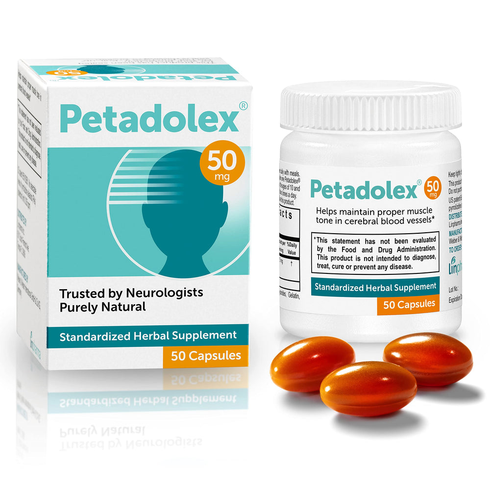 Petadolex Linpharma 50mg bottle showing PA-free butterbur extract for brain health